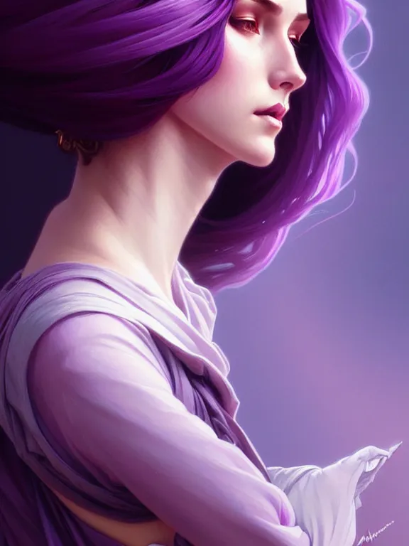 Image similar to Purple hair, creative colouring Portrait of woman, fashion, intricate, elegant, highly detailed, digital painting, artstation, concept art, smooth, sharp focus, illustration, art by artgerm and greg rutkowski and alphonse mucha