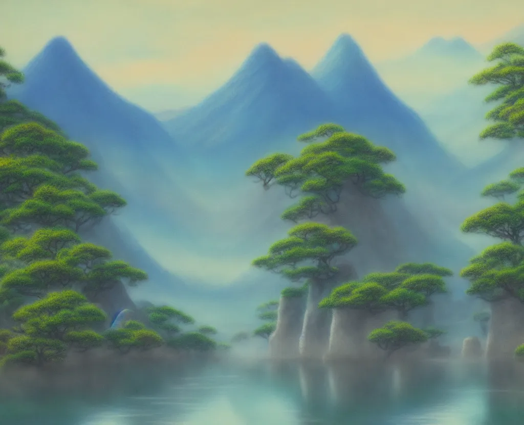 Image similar to a landscape pastel in the style of noriyoshi ohrai of a blue river to some misty mountains in the background. along the river stands stone pillars that reflect in the water. key art. 4 k fantasy