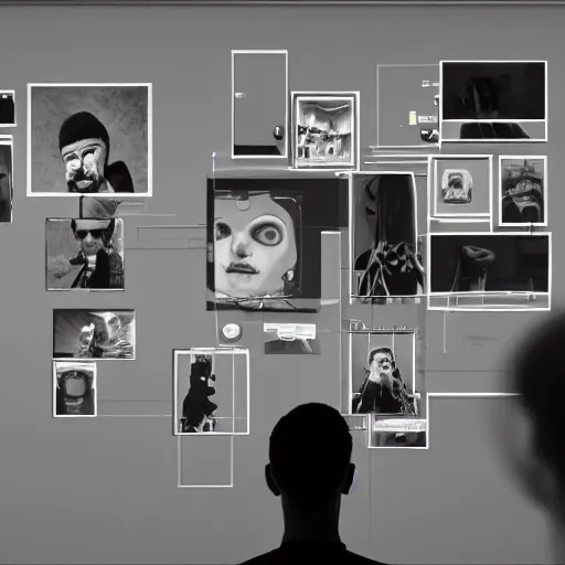 Image similar to art curator looking at a screen with a chat interface, recursive, in the style of grand chamaco and stanley kubrick, inspired by die antwoord, photorealistic, epic, super technical, cinematic still