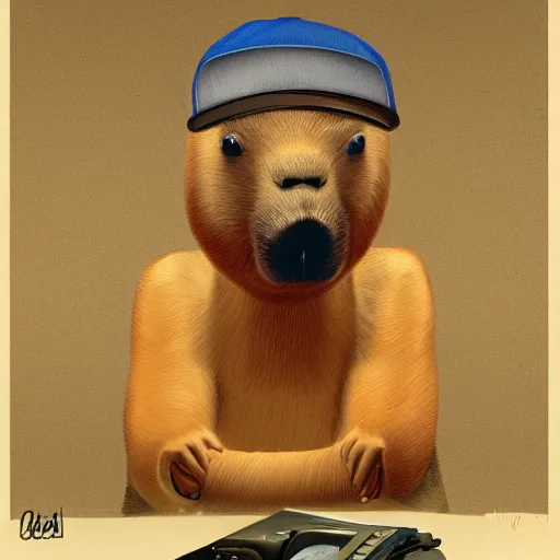 Image similar to capybara dressed as an american rapper smoking a blunt, full body, facing camera, centered, high quality art