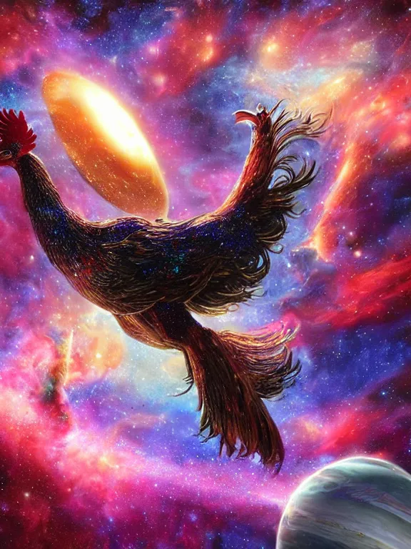 Image similar to a giant rooster, being abducted by a ufo, galaxy cosmic nebula, epic, volumetric light, hyperrealistic, glitter, mega detailed, beautiful composition, beautiful lighting, unreal render, 4 k, vincent di fate, john berkey, michael whelan