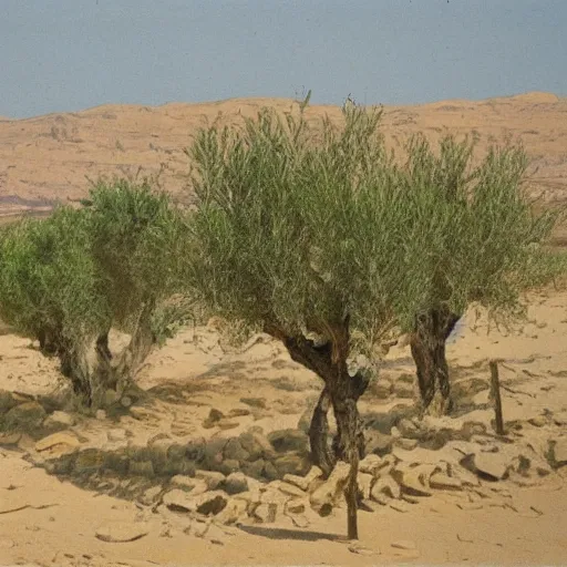 Image similar to a small town with olive trees in the desert by Reuven Rubin, detailed, brown and green color palette