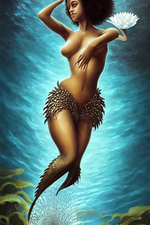 Image similar to nathalie emmanuel as a dark - skinned la sirene haitian mermaid goddess, under water, white lilies, shells, highly detailed, d & d, fantasy, highly detailed, digital painting, trending on artstation, concept art, sharp focus, illustration, art by artgerm and greg rutkowski and magali villeneuve