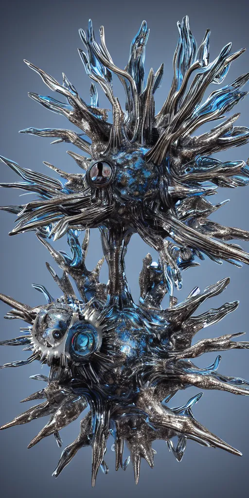 Image similar to a photorealistic render of a metallic neotribal spiky glaucus atlanticus sculpture, made of melted plastic and marble, c 4 d, by zhelong xu and ernst haeckel, wide angle, hyper realistic, plain background, 8 k, volumetric lightning, octane render