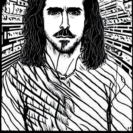 Prompt: black and white pen and ink!!!! attractive 22 year old geotic!! Frank Zappa x Ryan Gosling golden!!!! Vagabond!!!! floating magic swordsman!!!! glides through a beautiful!!!!!!! battlefield dramatic esoteric!!!!!! pen and ink!!!!! illustrated in high detail!!!!!!!! by Junji Ito and Hiroya Oku!!!!!!!!! graphic novel published on 2049 award winning!!!! full body portrait!!!!! action exposition manga panel black and white Shonen Jump issue by David Lynch beautiful line art