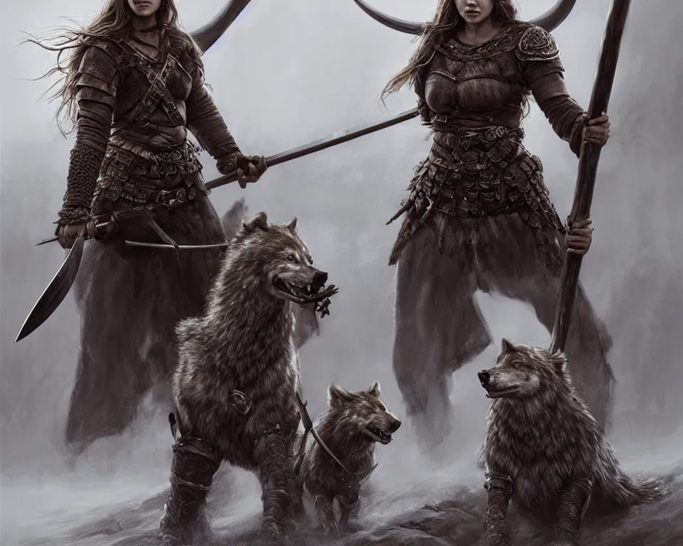 Image similar to gorgeous!! hyper - realistic woman resembling alicia vikander as a battle - worn viking warrior wielding a giant axe, accompanied by a dire wolf | intricate, highly detailed, digital painting, character design, character concept art | drawn by wlop, drawn by jeehyung lee, drawn by artgerm, drawn by peter kemp