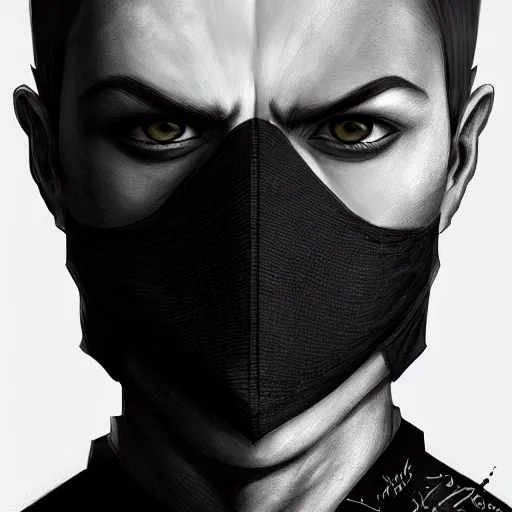 Image similar to man wearing black fabric mask, highly detailed face, character art portrait, deviantart artstation, by artgerm