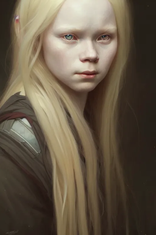 Image similar to Close-up portrait of young albino girl, long blonde hair, dark fantasy, portrait, highly detailed, digital painting, artstation, concept art, sharp focus, illustration, art by artgerm and greg rutkowski and alphonse mucha