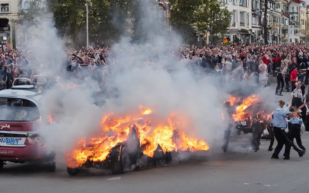 Image similar to an austrian police car burning with people dancing in a ritual around it