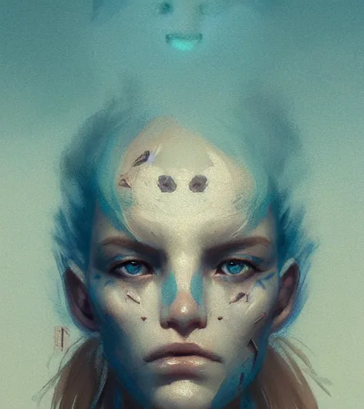 Image similar to portrait of a woman raised on the island face tatooes by greg rutkowski, dynamic lighting, gradient light blue, brown, blonde cream and white color scheme, grunge aesthetic