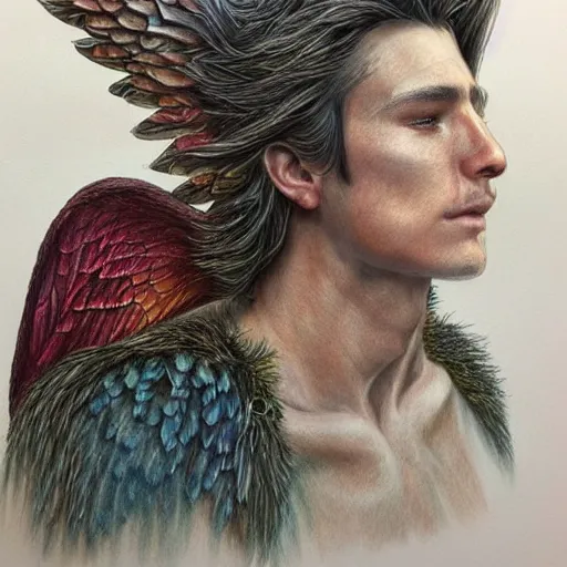 Image similar to hyper realistic color pencil drawing of a male fairy druid with hawk wings, D&D Art, detailed, rim light, diffused, intricate, axe, by anna dittmann