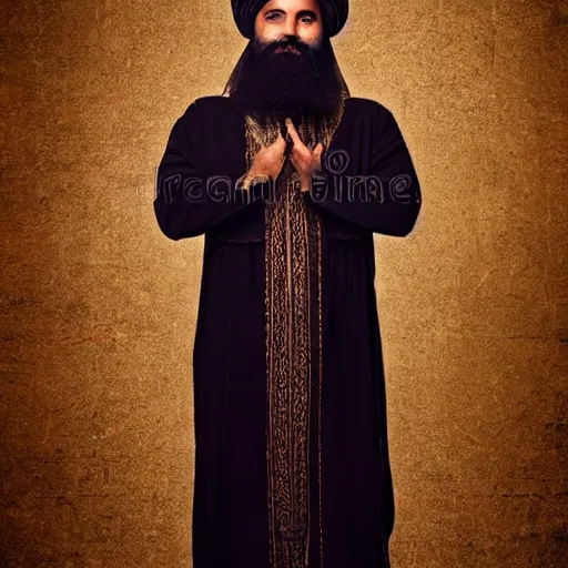 Image similar to middle aged man, dark complexion, well trimmed beard, middle ages middle eastern clothing, portrait full body view, middle easter contemporary artstyle