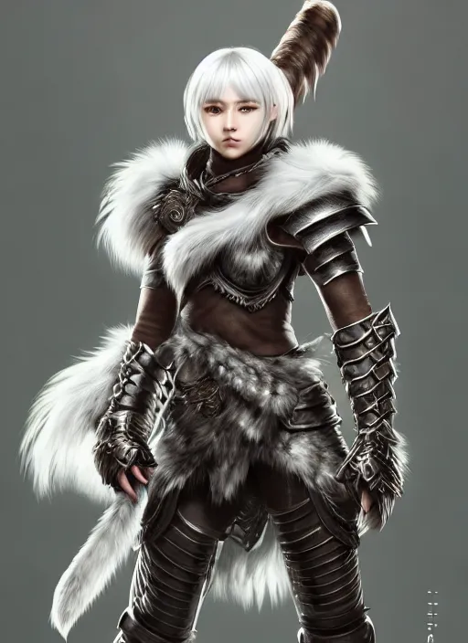 Image similar to warrior, fur - lined heavy armor!!! beautiful and athletic white hair female!! monster hunter!! character concept art, sharp focus, octane render! unreal engine 5! highly rendered!! trending on artstation!! detailed linework!! illustration by artgerm, wlop, and chie yoshii