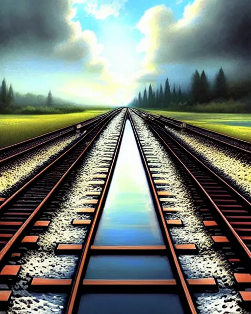 Prompt: shallow reflective water completely covers submerged train tracks that are barely visible as a girl carries her shoes, there is a train station in the distance and large white clouds on a wide horizon, intricate, elegant, highly detailed, digital photo, artstation, concept art, smooth, sharp focus, art by artgerm and greg rutkowski and fra angelico