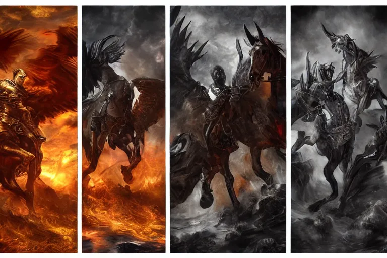 Image similar to the four horsemen of the apocalypse, digital painting, mixed media, trending on artstation and deviantart, epic composition, magnum opus, highly detailed, 8 k