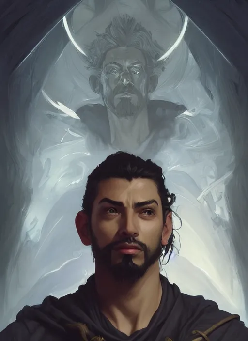 Prompt: character concept portrait of a handsome young evil hispanic wizard with olive skin casting a necromancy spell, a magic iridescent spell book in the center, intricate, elegant, digital painting, concept art, smooth, sharp focus, illustration, from Metal Gear, by Ruan Jia and Mandy Jurgens and Artgerm and William-Adolphe Bouguereau