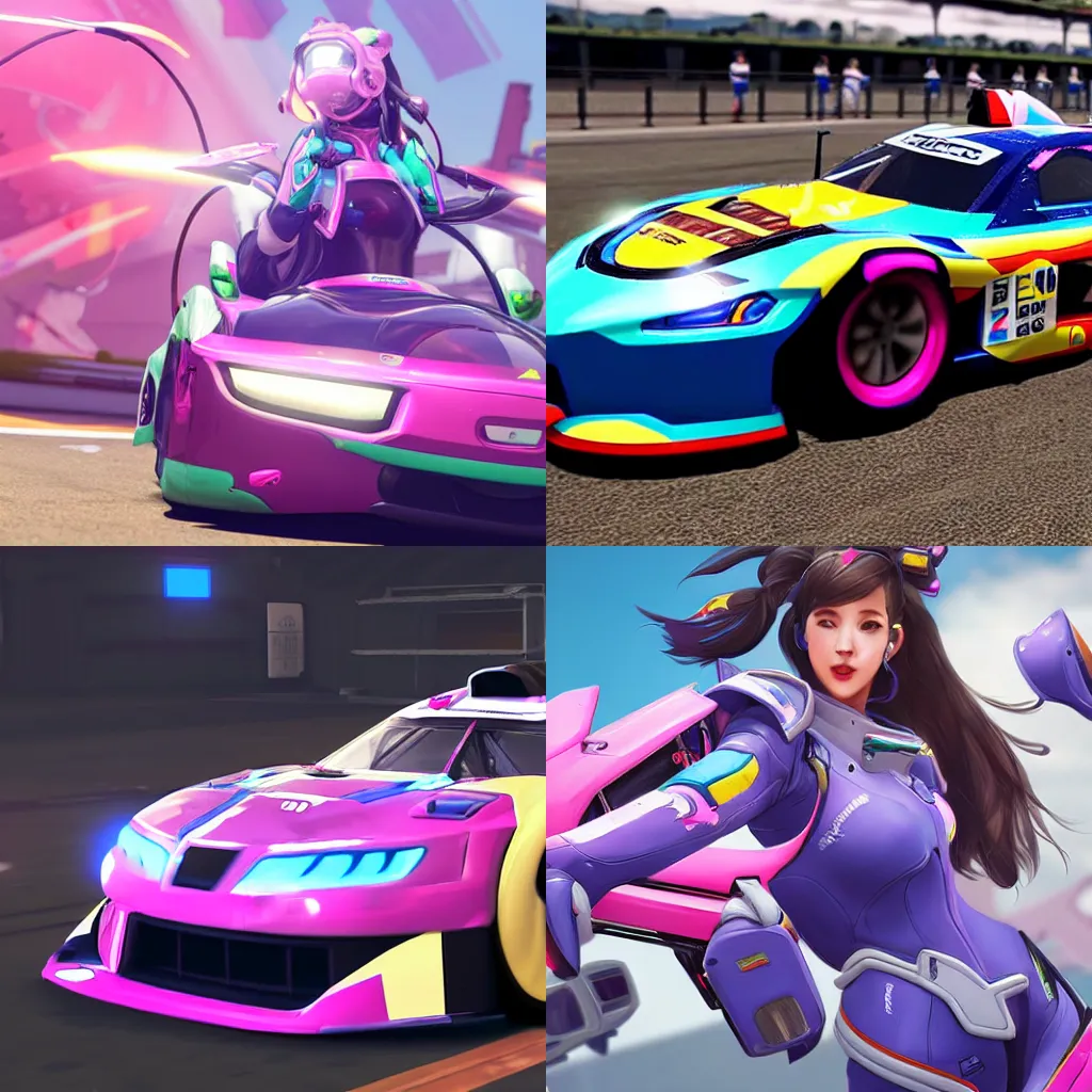 Prompt: D.va from overwatch driving a racecar
