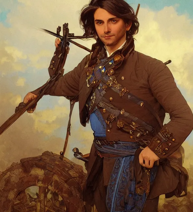 Image similar to candid portrait of a man with brown wavy hair and glowing blue eyes, surrounded by blue aura, wearing a blue traditional colonial military jacket, intricate, holding a spear, highly detailed, digital painting, artstation, concept art, sharp focus, cinematic lighting, illustration, art by artgerm and greg rutkowski, alphonse mucha, cgsociety