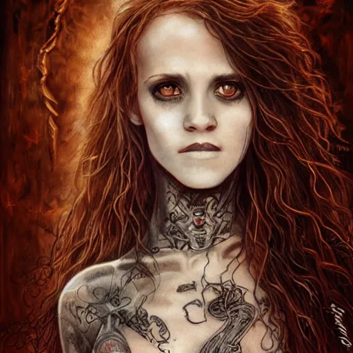 Image similar to dressed Hermione in tattoos conjuring with a magic wand, by luis royo, beautiful gown, beautiful eyes, Beautiful face, by Aggi Erguna, high detail, high resolution, art from harry potter