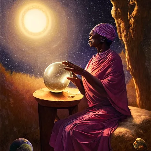 Image similar to an elder african psychic woman reading her crystal ball under a meteor shower, greg rutkowski and android jones and amanda sage, oil on canvas, 8k