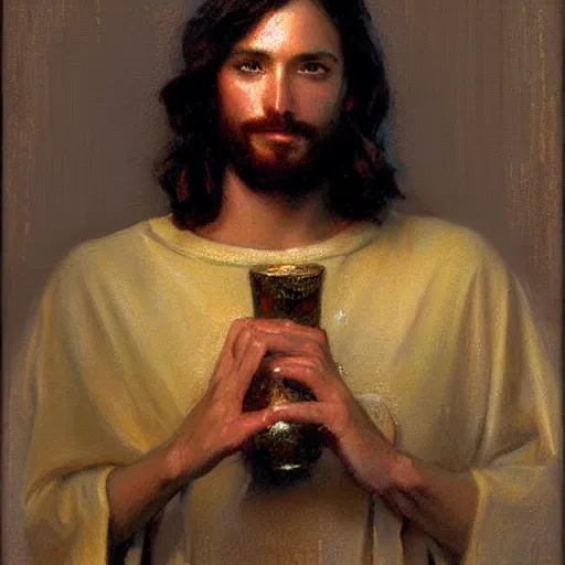 Image similar to Jesus portrait, thirst trap style, painting by Gaston Bussiere, Craig Mullins