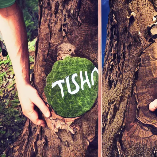 Image similar to ultra wide fisheye photo if a hiker accidentally carving their name into the bark at the base of a gigantic tree ent's leg, which looks down at him from high above angrily, trending on artstation hyperreal