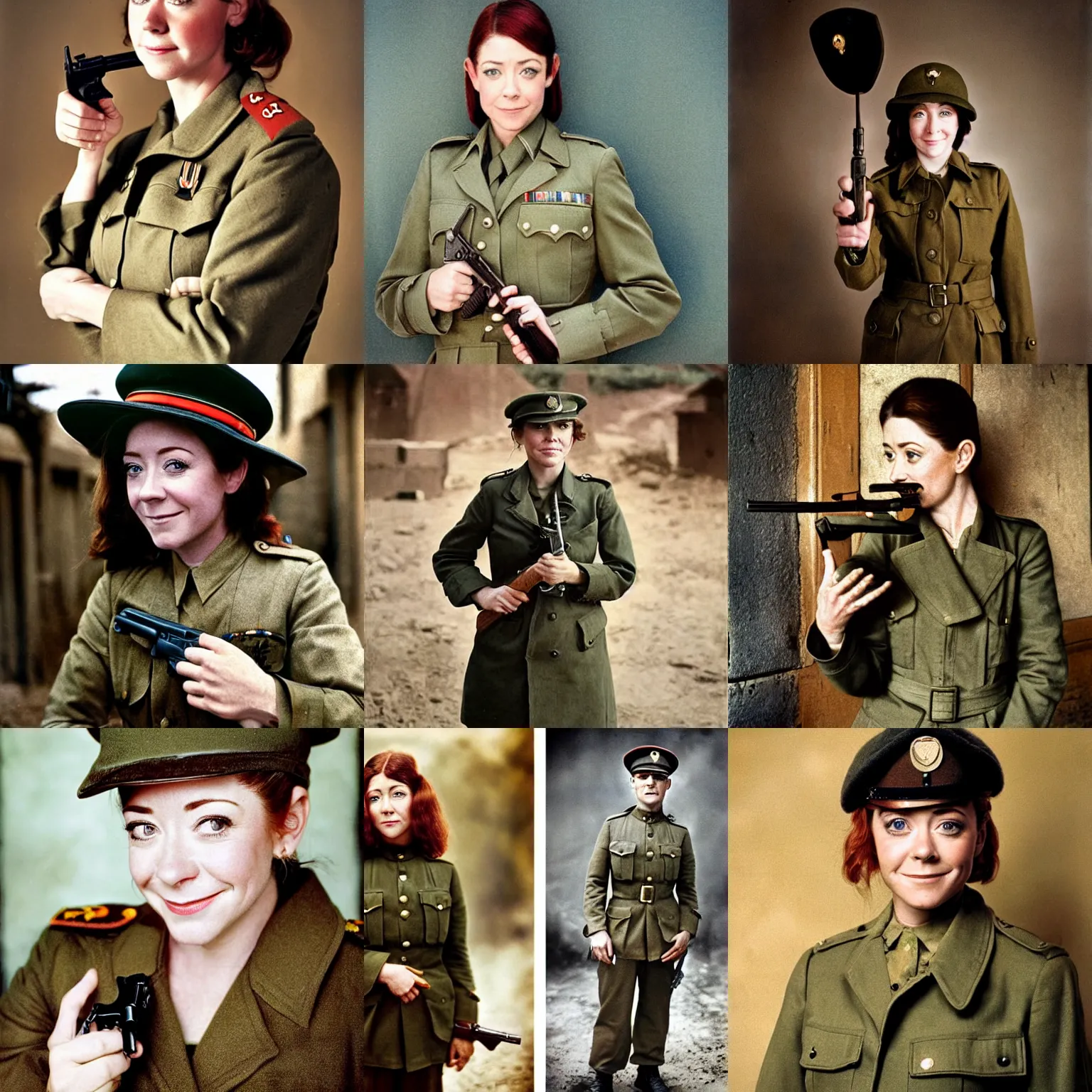 Prompt: Alyson Hannigan as an Army Officer, 1918, wearing a trenchcoat, holding a revolver, colour photo portrait by Steve McCurry