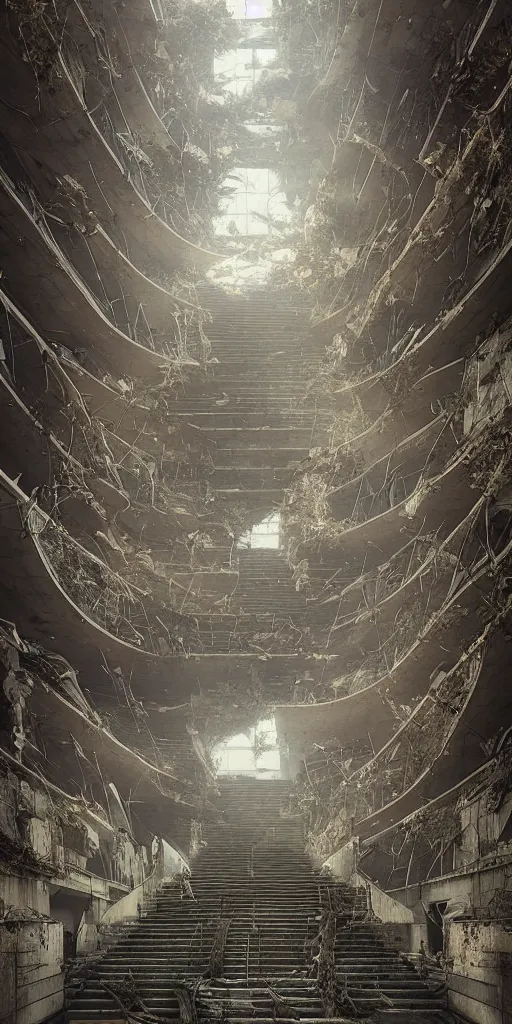 Image similar to i climb up on the endless stairs inside this decayed hitech brutalist building, rays of lights breaking through the holes in the walls, ruined litter, endless stairs going up, monumental, global illumination, by rhads and ferdinand knab and makoto shinkai and alphonse mucha