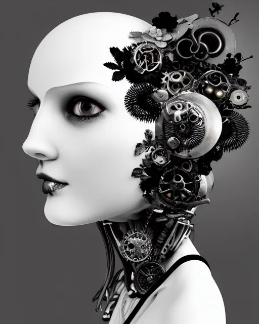 Prompt: black and white dreamy foggy smoky profile face portrait, one silver steampunk realistic eye biomechanical beautiful young female cyclope - cyborg - robot bust, body ribs meshes,, volumetric light, hibiscus flowers, by hg giger, rim light, big gothic fashion pearl embroidered collar, 8 k