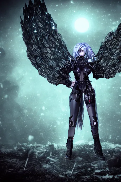 Image similar to gothic girl hybrid cyborg angel wearing cybor clothes shaping the universe, eerie, cinematic, epic, 8 k, ultra realistic, rendered by awesomeness. | nights falling wind is blowwing snow is pilling concept art. | backround of beautiful floweres