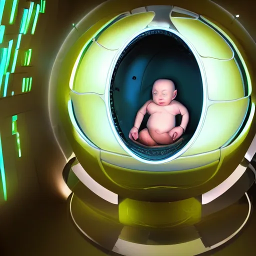 Image similar to a cyborg baby growing in a sci - fi gestation pod, a very cyberpunk scene ; graphic art