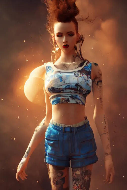 Prompt: Epic cinematic portrait of a very beautiful dollpunk female wearing an Abstract tech shirt and hotpants, volumetric clouds, focus, realistic eyes, symmetric body features proportions, golden ratio, ultra intricate details, award winning, unreal render, by Ross Tran
