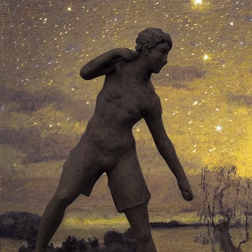 Prompt: A beautiful sculpture featuring a night sky filled with stars, and a small town in the distance. The sculpture is very peaceful and calming mac and cheese by Jules Bastien-Lepage ordered, desaturated