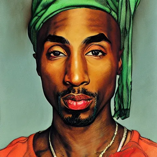 Image similar to Tupac, illustrated in whimsical style, Illustration by Norman Rockwell, loish, oil painting,