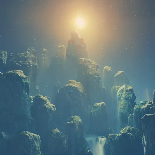 Image similar to falling lights in crystal clusters buoying you into the future the intricate beauty of the rock music fades in the heavens are here, studio ghibli, pascal blanche, 8 k, octane render