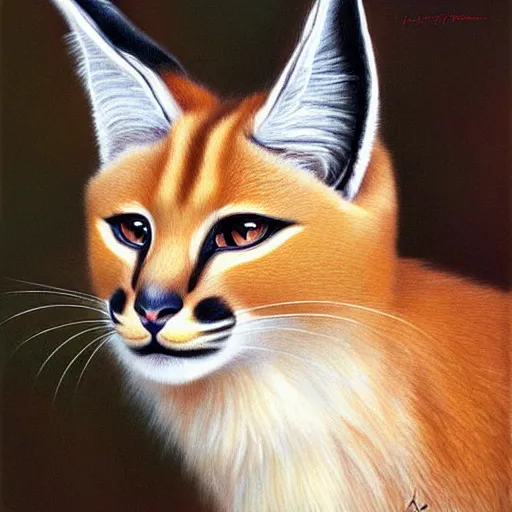 Image similar to fullbody portrait of cute fluffy caracal with laurel wreath on his head, chaplet on head, illustration, high detail, francine van hove