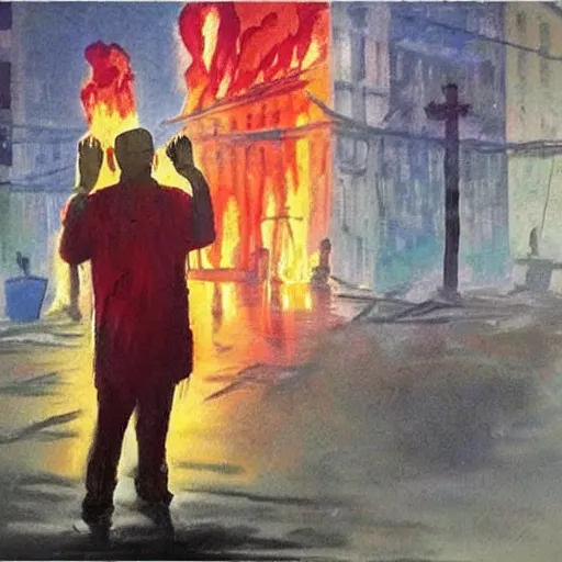 Image similar to the city is burning and fire is everywhere just a man was standing alone crying while world is getting destroyed detailed picture