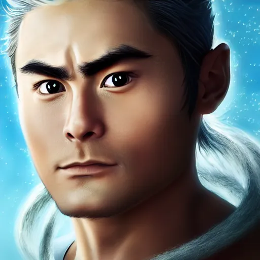 Image similar to portrait painting of a 9 0 year old kind handsome taoist priest, big eyes, deep silhouette ， looks like zac efron ， silver ponytail hair, amiable by yangjun chen ，, nadar, bright colors, octopath traveler, unreal engine 5 highly rendered, global illumination, radiant light, detailed and intricate environment