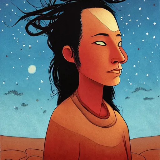 Image similar to navajo red by zeen chin, by sam bosma placid, bleak. a beautiful street art of a woman with long flowing hair, wild animals, & a dark, starry night sky.