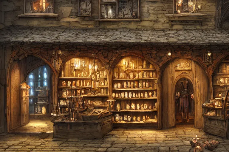 Image similar to A medieval magic shop viewed from the outside, magic items, magic, texture, intricate, details, highly detailed, masterpiece, architecture, building, trending on artstation, focus, sharp focus, concept art, digital painting, fantasy, sunny, day, midday