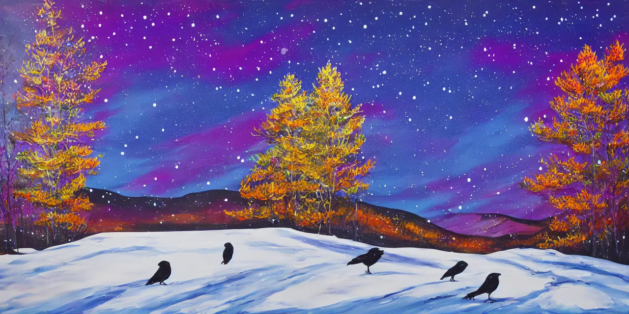 Image similar to acrylic pouring painting of the laurentian appalachian mountains in winter, unique, original and creative landscape, snowy night, distant town lights, aurora borealis, deers and ravens, footsteps in the snow, brilliant composition