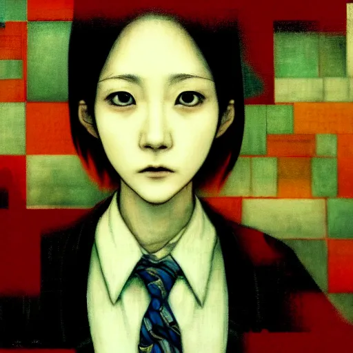 Image similar to yoshitaka amano blurred and dreamy realistic three quarter angle portrait of a young woman with short hair and black eyes wearing office suit with tie, junji ito abstract patterns in the background, satoshi kon anime, noisy film grain effect, highly detailed, renaissance oil painting, weird portrait angle, blurred lost edges