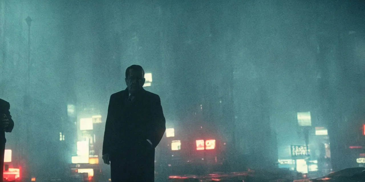 Image similar to Richard Nixon in Blade Runner 2049, high contrast, high saturation cinematic film still