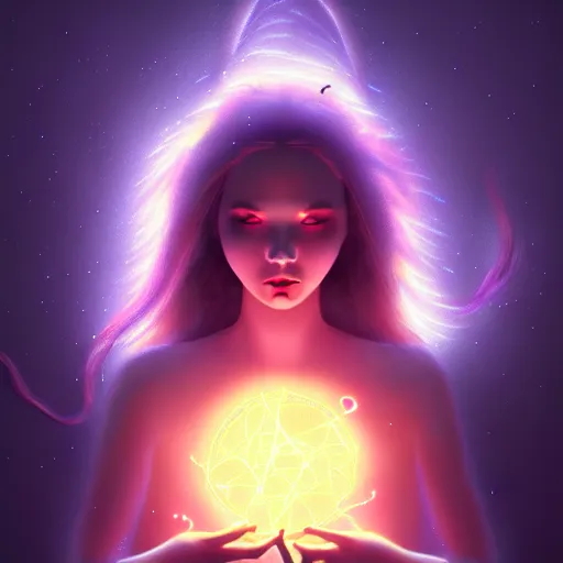 Image similar to mystical female creature with glowing energies and particals, surrounded by spirits, gloomy cinematic lighting, highly detailed, illustrated novel