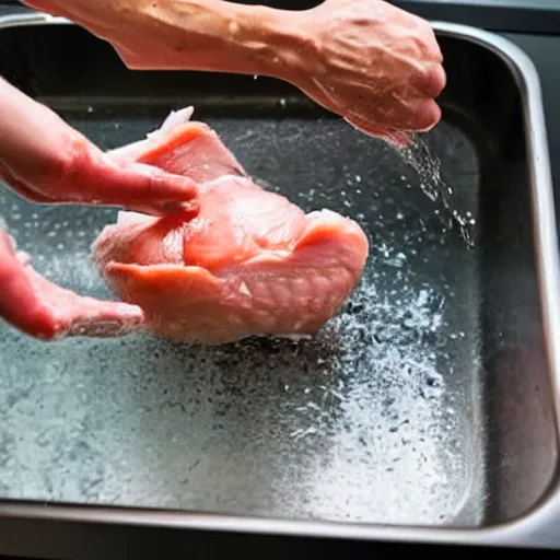 Prompt: man washing raw chicken in the sink