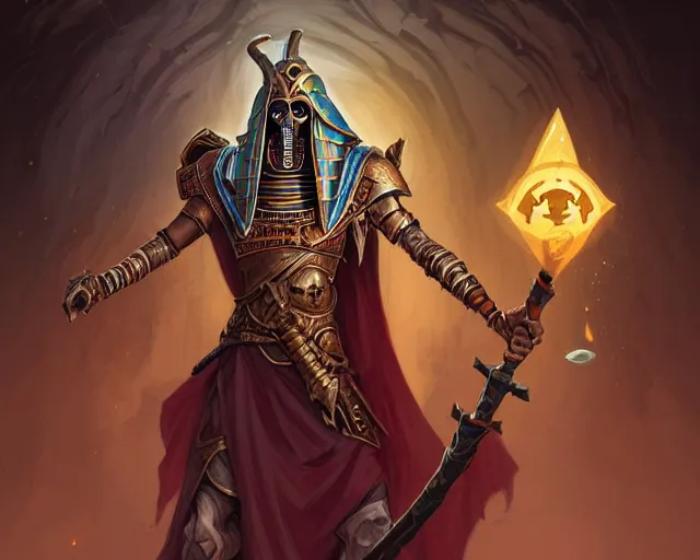 Image similar to an undead desert lich pharaoh, holding a goat head staff, egyptian, beetle, deep focus, d & d, fantasy, intricate, elegant, highly detailed, digital painting, artstation, concept art, matte, sharp, illustration, hearthstone, art by artgerm and greg rutkowski and alphonse mucha