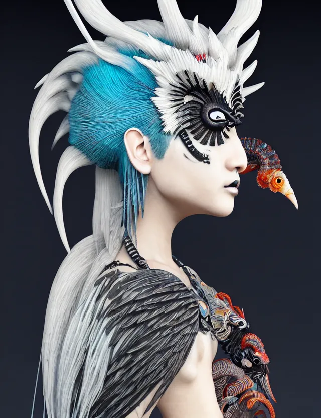 Image similar to 3 d goddess close - up profile simple portrait punk with mohawk with ram skull. beautiful intricately detailed japanese crow kitsune mask and clasical japanese kimono. betta fish, jellyfish phoenix, bio luminescent, plasma, ice, water, wind, creature, artwork by tooth wu and wlop and beeple and greg rutkowski