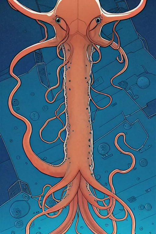 Prompt: comic cover art of a very very gigantic squid floating above a metropolitan city, low angle, by jenny frison and sana takeda, intricate details, stunning inking lines, flat colors, 4 k, hd, artstation