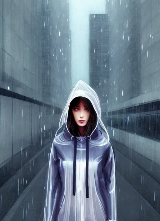 Image similar to a realistic portrait of a beautiful woman wearing a futuristic transparent raincoat with hoodie in a dystopian city, raining, by ilya kuvshinov