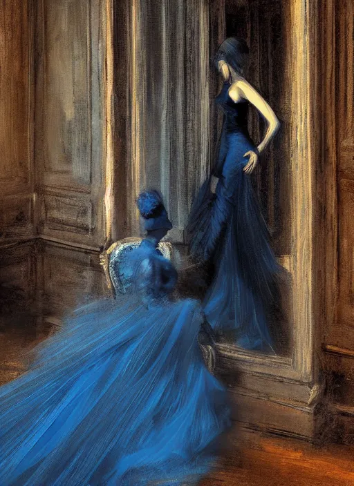 Prompt: blue tones, face portrait of woman in dress, wooden floor, by alexander fedosav, elegant, detailed, digital artwork, paint, gothic mansion room, by jeremy mann